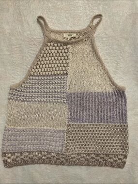 entro Patchwork Off-the-Shoulder Knit Halter Tank - Beige & Light Lavender